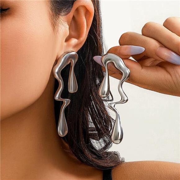 Gold Statement Earrings | Futuristic Chunky Dangle Earrings in Gold & Silver - Picture 1 of 5